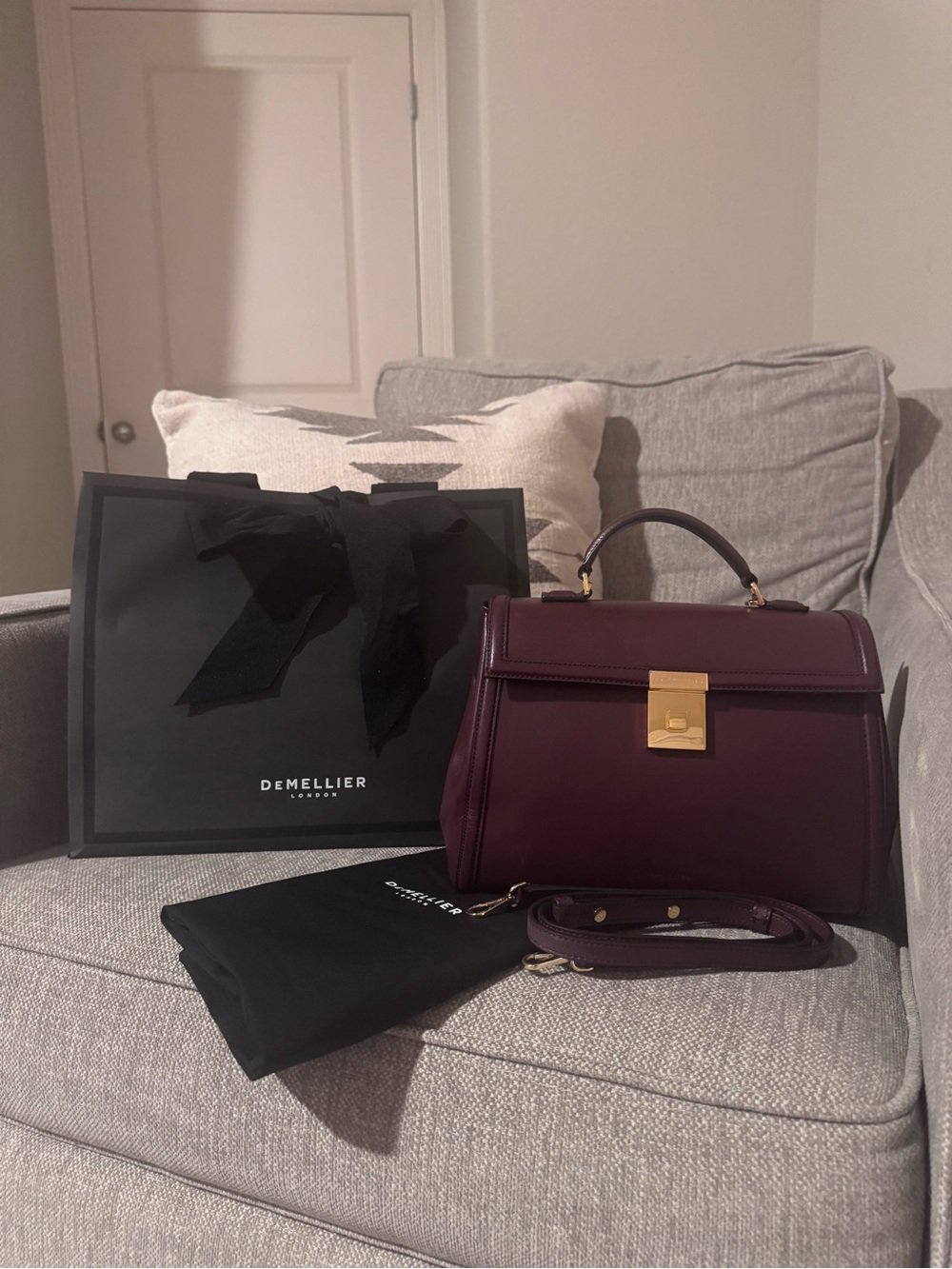 DeMellier Paris Top Handle Bag Burgundy Leather Gold Hardware